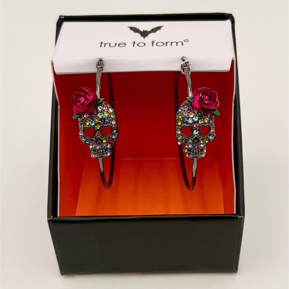 True to Form Skull Rose Hoop Earrings Rhinestone Gunmetal Day of the Dead Goth